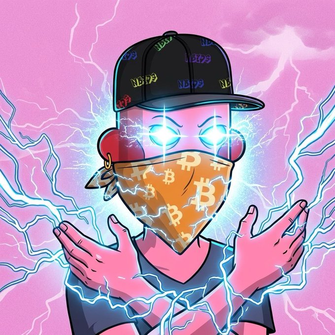 A cartoon figure wearing a bandana printed with Bitcoin "₿" symbols and a "NB69" cap emanates glowing lightning from glowing eyes, with hands raised as if channeling electric energy against a pink sky—fitting a crypto/NFT-themed "gm" greeting with Bitcoin imagery throughout.