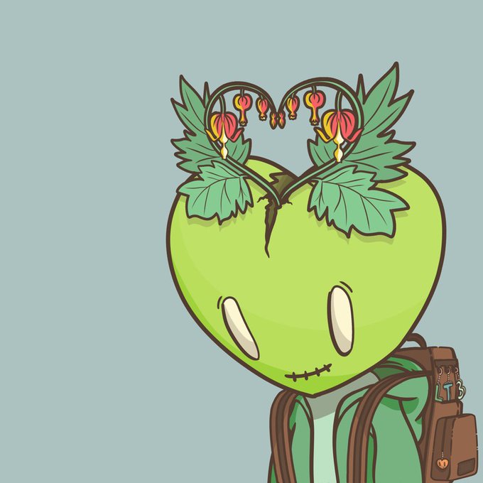 An illustration of a character with a stitched, heart-shaped green apple head topped with leafy vines and red flowers, wearing a backpack with 'L13' on it.
