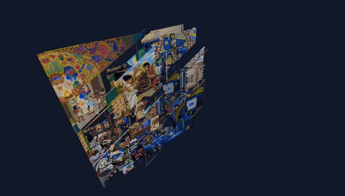 A 3D visualization showing a collection of colorful artwork and photographs arranged in a layered, angled grid format against a dark background, displayed through the bp3dex.vercel.app platform. The artwork includes vibrant paintings with text reading "Ancient" and various detailed images, all rendered with depth that showcases the web app's 3D gallery capabilities.