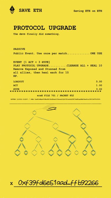 A yellow card design for 'SAVE ETH' featuring 'PROTOCOL UPGRADE' text with gameplay stats (LOADOUT 5.00, ACT 1.00, HYPE 3.00) and an address '0xf39fd6e51aad...ffb92266' at the bottom.