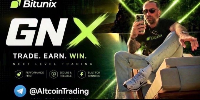A Bitunix promotional banner advertising GNX with the tagline 'TRADE. EARN. WIN. NEXT LEVEL TRADING,' highlighting Performance First, Secure & Reliable, and Built for Winners, with @AltcoinTrading Telegram handle.