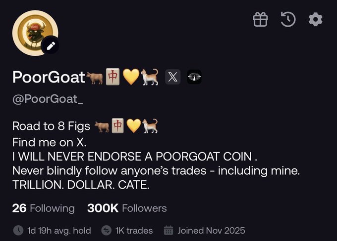 This image shows an X (formerly Twitter) profile for "PoorGoat" (@PoorGoat_), a crypto trading account with 300K followers, featuring the bio "Road to 8 Figs 🐄🐮💛🐕, TRILLION. DOLLAR. CATE." and claiming "I WILL NEVER ENDORSE A POORGATE COIN."

The profile is humorously relevant to the accompanying post, which mentions buying $CATE for the first time—the account's bio prominently features "TRILLION. DOLLAR. CATE." with a cat emoji, tying into the cat-themed ticker symbol despite the profile's disclaimer about not endorsing its own coin.