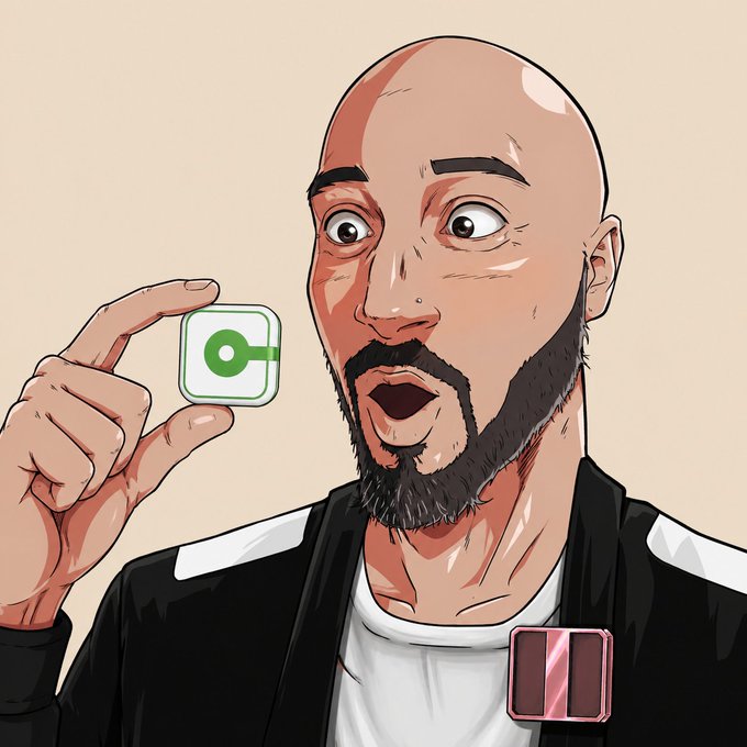 A digital illustration of a bald man with a beard, wearing a black jacket over a white shirt, holding up a green app icon with a surprised expression, while a pink and red icon appears on his jacket.