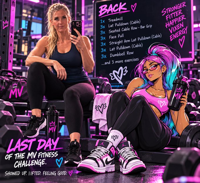 A woman in athletic wear sits in a gym taking a mirror selfie, accompanied by an illustrated character with purple hair. The image features text including 'LAST DAY OF THE MV FITNESS CHALLENGE,' 'STRONGER FITTER HAPPIER VIXEN ENERGY,' and a workout list with 'BACK' as the header including exercises like Treadmill, Lat Pulldown, Seated Cable Row, and Face Pull.