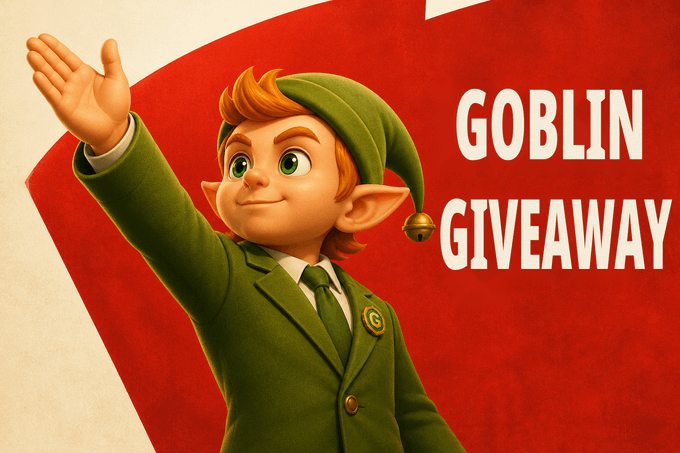 The image features a cartoon character, likely a green elf or gnome, standing against a red background with white text that reads "Goblin New Chapter To amplify our community and welcome new goblins, we're launching a 50 $APT Giveaway How to join: Follow @the_goblin_fi ... Like & RT this post ... Tag 3 friends below June 11 - June 18". The character is waving at the viewer.