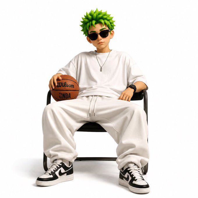 An animated character with spiky green hair, sunglasses, and an all-white outfit sits on a chair holding a Wilson NBA basketball, wearing black and white sneakers.