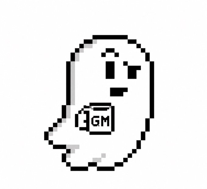 A pixel art illustration of a hooded figure holding a mug labeled 'GM' (Good Morning), commonly used as a meme.
