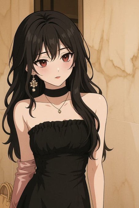 An anime-style illustration of a dark-haired woman wearing a black strapless dress, choker, and jewelry, posing indoors with a handbag. The image has no connection to the post about launching blockchain networks; it appears to be a generic character illustration unrelated to the text about $CNPY Network.