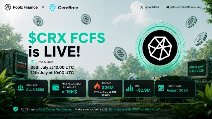 A promotional graphic announces the **$CRX FCFS** token sale on Poolz Finance, live from **July 5th at 10:00 UTC** to **July 12th at 10:00 UTC**, open to all users with a max allocation of **$15K** per wallet, an initial market cap of **~$2.9M**, and an FDV of **$25M** with 25% unlock at TGE, set to list in August 2026.