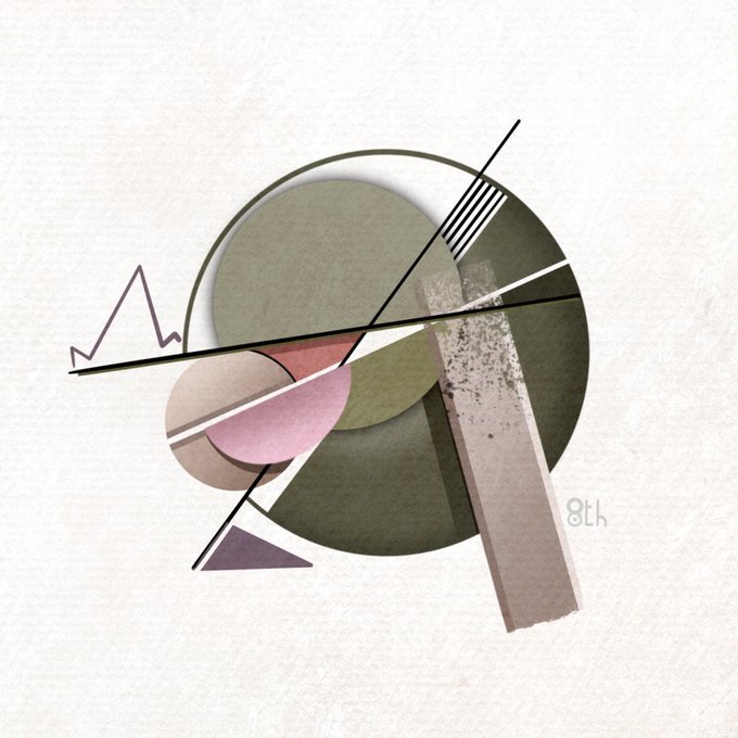 An abstract geometric artwork featuring overlapping circles and intersecting lines in muted green, pink, and beige tones, with '8th' written on the right.