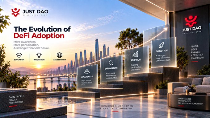 A promotional banner for 'JUST DAO - The Evolution of DeFi Adoption' featuring pillars labeled Education, Innovation, Accessibility, Awareness, Exploration, Adoption, and Evolution, with the tagline 'Building a more open financial tomorrow.'