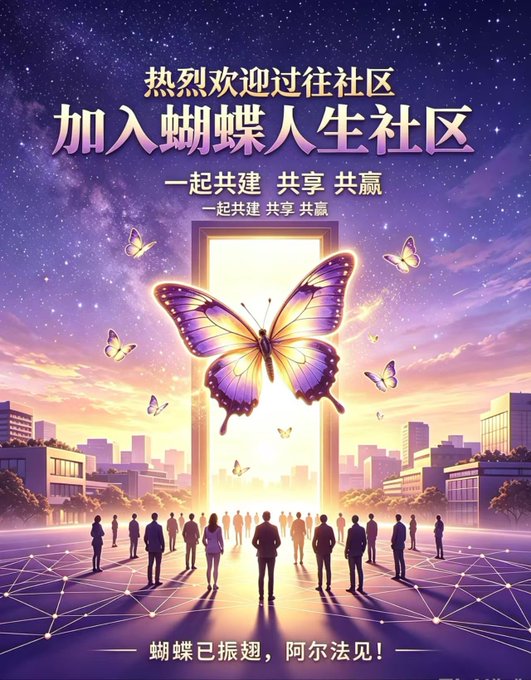A promotional poster features a glowing purple butterfly emerging from a portal above silhouettes of people, with Chinese text welcoming viewers to "Butterfly Life Community" (蝴蝶人生社区) and emphasizing values of building, sharing, and winning together, with a tagline declaring "The butterfly has taken flight, Alpha see you!"—visually reinforcing the post's hype around the "Heat Wave Three Flames" launch and its 15-day roadmap toward Alpha VVV and 30-day delivery to Binance Spot VV.