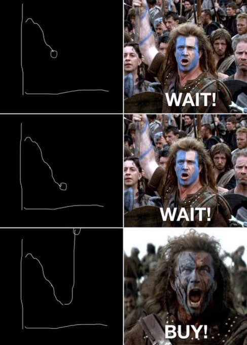 A three-panel meme showing a graph on the left and a scene from Braveheart on the right; the first two panels show William Wallace shouting 'WAIT!' as the line descends, and the third shows him shouting 'BUY!' at the bottom of a dip.