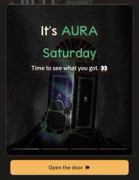 The image shows a poster with an illustration of a door, a cartoon character standing behind it, and the text "It's Aurora Saturday" written above the door. The poster also includes a button that says "Open the door". This suggests that there is a promotional event or gathering related to the Aurora movie or show, possibly for fans of the series.