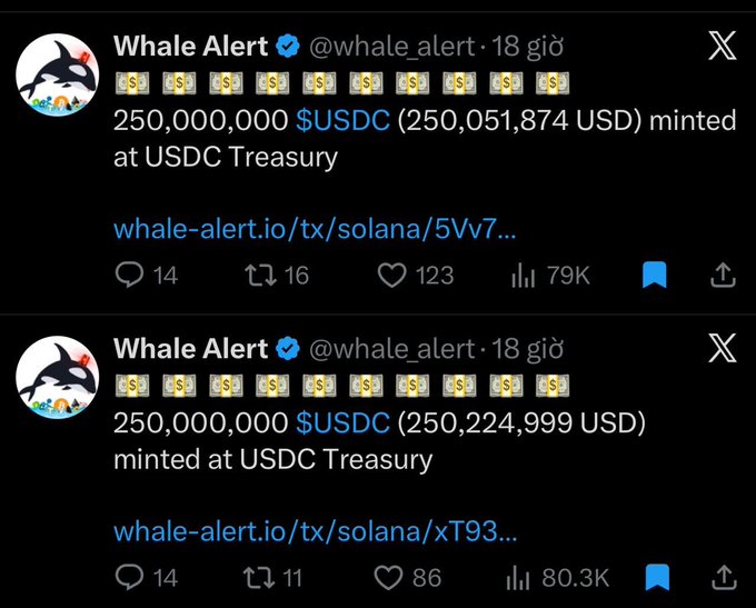 Two verified tweets from the 'Whale Alert' (@whale_alert) account announce the minting of 250,000,000 $USDC (totaling roughly $500M) at the USDC Treasury on the Solana blockchain.