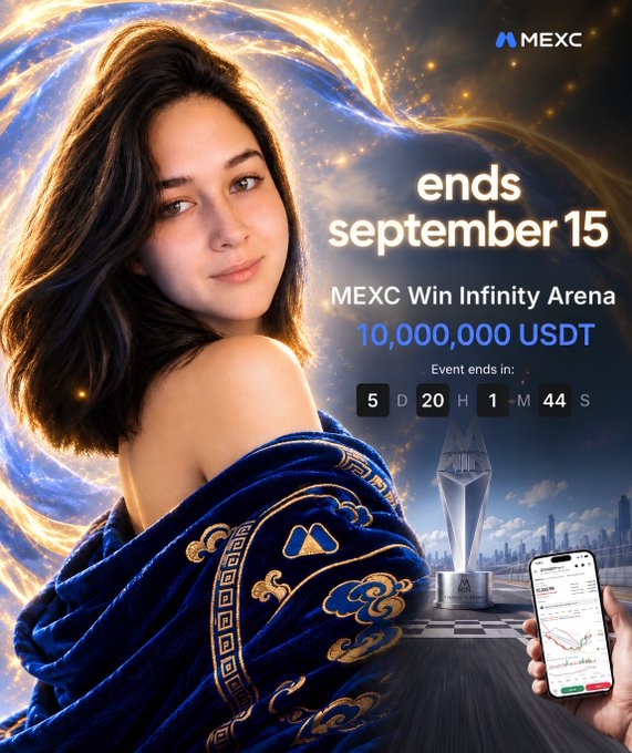 A promotional advertisement for MEXC Win Infinity Arena featuring a woman in a blue and gold robe, with text 'ends september 15', '10,000,000 USDT', and a countdown timer.