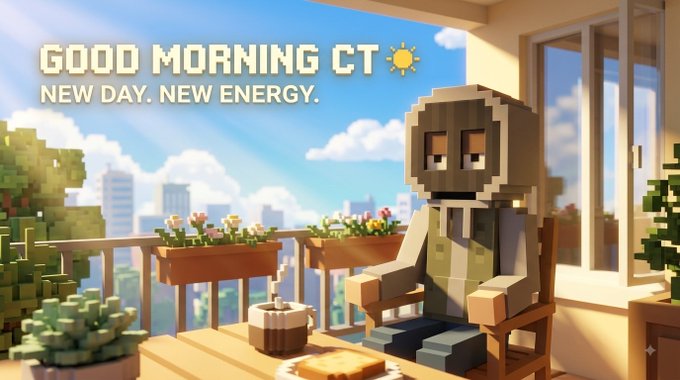 A pixel art illustration shows a blocky grey character relaxing on a sunny balcony with the text 'GOOD MORNING CT ☀ NEW DAY. NEW ENERGY.' overlaid in the sky.