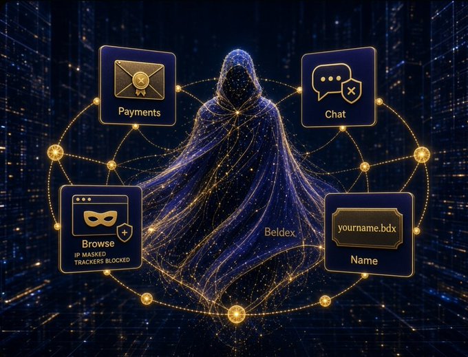 A promotional graphic for 'Beldex' featuring a hooded figure surrounded by interconnected icons for Payments, Chat, Browse, and Name services.
