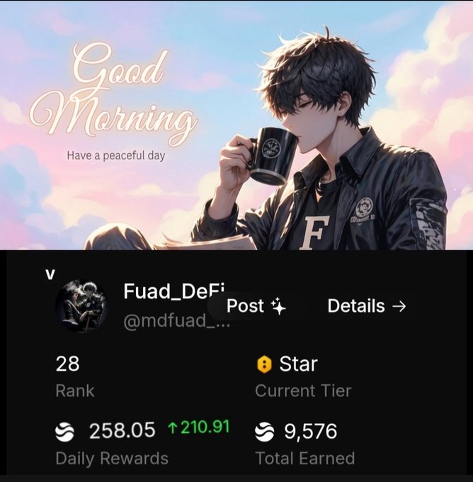 The image features a post from a streaming platform that has been shared by a user named @River4fun. The post includes a cartoon of a man drinking coffee, with the caption "Good Morning" written above him. The post also mentions that the user has earned 9,576 points and is at the top of the leaderboard for this particular post. The image contains several other elements such as a watermark, a thumbs up, and a link to the original post.