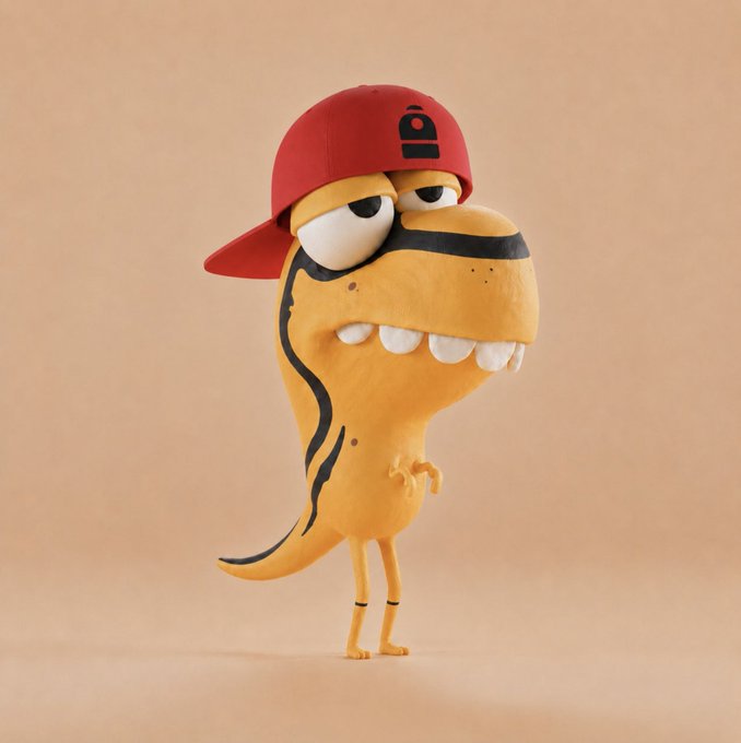 3D-rendered cartoon dinosaur mascot wearing a red cap with a 'B' logo, standing against a beige background.