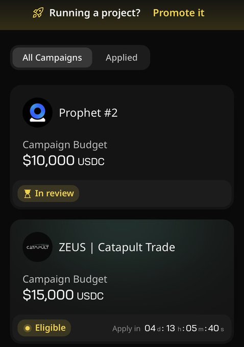 The image shows a campaign dashboard on Wallchain displaying two prediction market campaigns: "Prophet #2" with a $10,000 USDC budget marked "In review," and "ZEUS | Catapult Trade" with a $15,000 USDC budget marked "Eligible" with a countdown of 04 days, 13 hours, 05 minutes, and 40 seconds remaining. The screenshot relates to the post by showing the user's application status for the Prophet #2 campaign (in review after not being selected in round 1) while highlighting the newly available ZEUS campaign they are eager to apply for before the timer runs out.