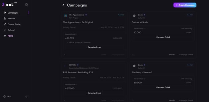 A dark-themed dashboard displaying a 'Campaigns' page with various NFT campaigns like 'The Appreciators: Be Original' by NFT Project and 'Culture at Scale' by Culture3, showing reward pools, prize pools, and status indicators such as 'Campaign Ended'.