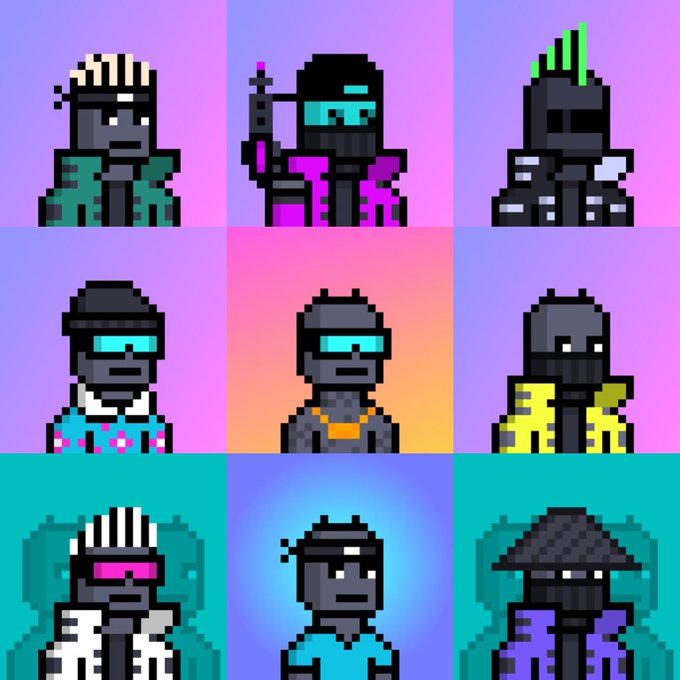 A 3x3 grid of pixel art character portraits, likely NFT avatars, each with distinct outfits, hairstyles, and accessories displayed against colorful gradient backgrounds.