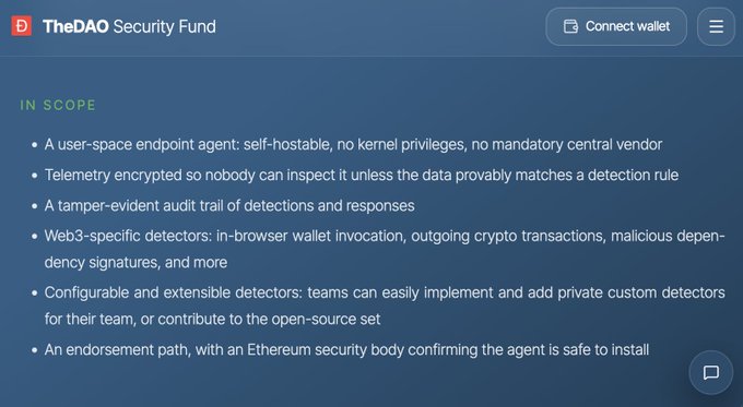 A webpage titled 'TheDAO Security Fund' lists its scope, including a self-hostable user-space endpoint agent, encrypted telemetry, tamper-evident audit trails, and Web3-specific detectors.