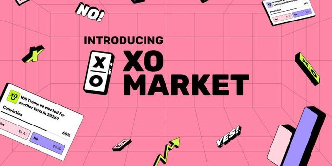 A pink promotional graphic for 'XO MARKET' featuring prediction market cards, including one asking 'Will Trump be elected for another term in 2026?' with a 65% conviction.