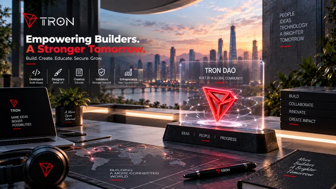 A promotional banner for TRON featuring the text 'Empowering Builders. A Stronger Tomorrow.' alongside a holographic red TRON DAO logo, with categories for Developers, Designers, Creators, Validators, and Entrepreneurs.