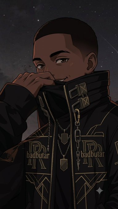 A digital illustration of a young Black man wearing a black jacket with gold patterns and a dog tag, with the text 'badbutar' overlaid.
