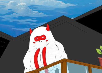 A stylized illustration of a white yeti-like character with red horns, a red mask, and red arm markings standing on a rooftop against a bright blue sky with clouds.