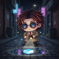 A chibi-style cartoon detective in a trench coat and round sunglasses stands in a neon-lit alleyway, examining a glowing blue cube on the ground—evoking the post's message of cutting through market uncertainty and "clicking into" TermMaxFi's Alpha to strategically open non-liquidatable short positions on $SPCX.