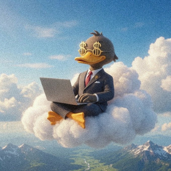 A whimsical image of a duck wearing a business suit, red tie, and dollar sign sunglasses, working on a laptop while sitting on a cloud high above a mountain landscape.