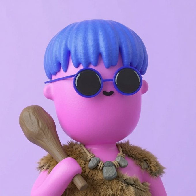 A 3D-rendered pink character with blue hair, round black sunglasses, and a furry brown vest holds a wooden club against a light purple background.