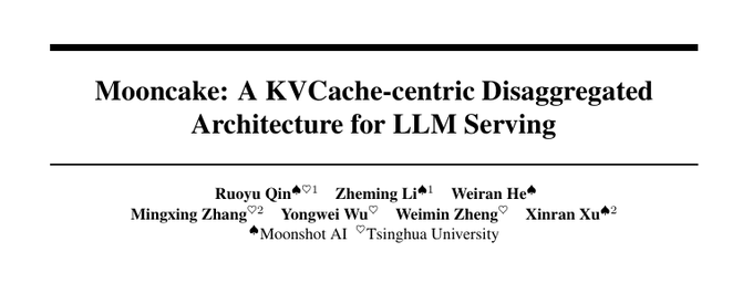 The image shows the title slide of an academic paper titled "Mooncake: A KVCache-centric Disaggregated Architecture for LLM Serving" by authors Ruoyu Qin, Zheming Li, Weiran He, Mingxing Zhang, Yongwei Wu, Weimin Zheng, and Xinran Xu from Moonshot AI and Tsinghua University.

This relates to the post as it presents the foundational research paper on Mooncake, the KVCache-centric architecture developed by Moonshot AI that the finance community is reacting to.