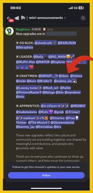 A Discord screenshot shows a channel post titled 'New upgrades are in' by Magbona, listing role categories (OG BLOK, LEADER, CRAFTMEN, APPRENTICE) with tagged users, with a red arrow pointing at the CRAFTMEN section.