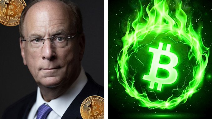 A split image showing a serious-looking older man with glasses in a suit on the left alongside two Bitcoin coins, and a glowing green Bitcoin logo surrounded by flames on the right.