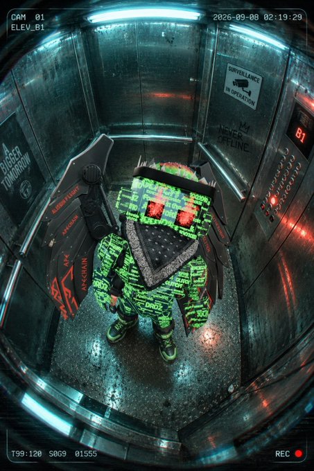 A surveillance camera view shows a figure in green digital-patterned clothing and a bandana holding a weapon inside an elevator, with timestamps indicating "2026-09-08 02:19:29" and a "REC" indicator.
