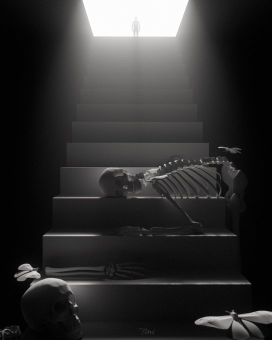A black and white digital illustration shows a skeleton lying on a staircase, with flowers scattered around and a silhouetted figure standing in a bright opening at the top.