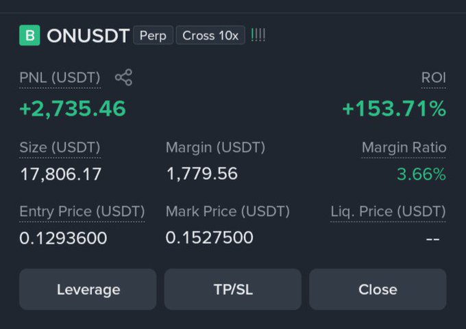 The image shows a Binance perpetual futures position on ONUSDT (10x cross leverage) displaying an unrealized PNL of +2,735.46 USDT (+153.71% ROI), with an entry price of 0.1293600 and a mark price of 0.1527500, confirming the profitable long trade highlighted in the caption.