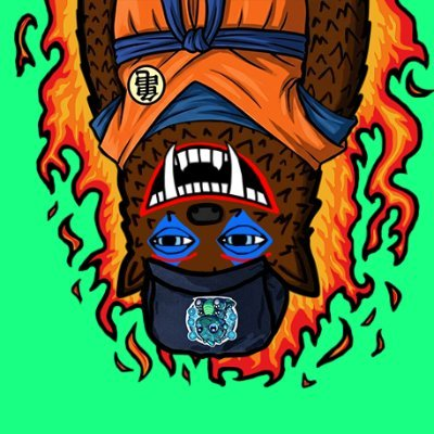 Upside-down cartoon illustration of a blue-faced character in an orange outfit with sharp teeth, surrounded by flames against a green background, wearing a patch with a Chinese character.