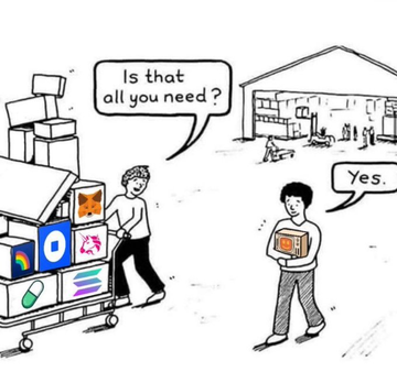 Black and white cartoon showing a person at a warehouse with a cart full of tech product boxes (Microsoft, Google, etc.), where another person holds a small box and asks 'Is that all you need?'