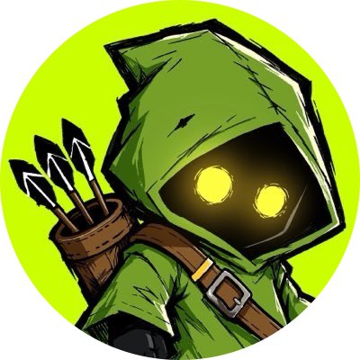 Cartoon illustration of a green-hooded archer character with glowing yellow eyes and a quiver of arrows on a yellow circular background.