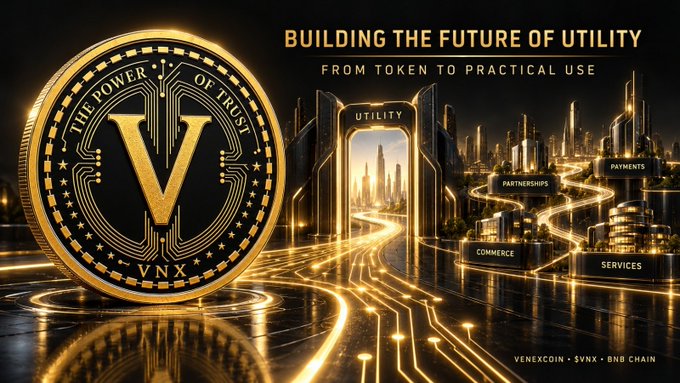 A promotional graphic for VenexCoin ($VNX) features a large gold and black coin engraved with "The Power of Trust" and "VNX," set against a futuristic cityscape labeled with utility categories like "Payments," "Partnerships," "Commerce," and "Services," visually reinforcing the post's description of VNX as a BNB Chain utility token focused on transparency and long-term practical use with its fixed 120M supply and on-chain vesting.