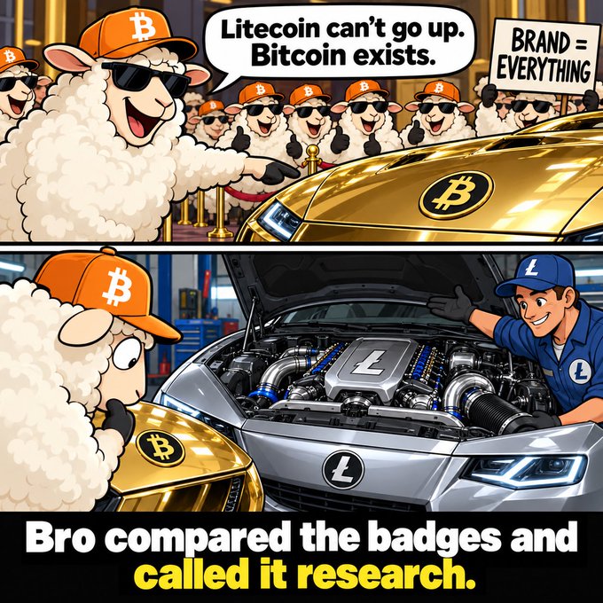 A meme contrasting Bitcoin sheep in luxury with a Litecoin mechanic working on an engine, with text reading 'Litecoin can't go up. Bitcoin exists. BRAND = EVERYTHING' and 'Bro compared the badges and called it research.'