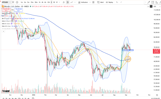 A daily candlestick chart of Bitcoin (BTC/USD) on TradingView shows a recent golden cross, where the short-term SMA 50 (orange line, 75,646.43) crosses above the long-term SMA 200 (blue line, 73,144.66), highlighted by a circled area near the $76,855 price level amid an overall downtrend from the March 2024 high near $109,000.
