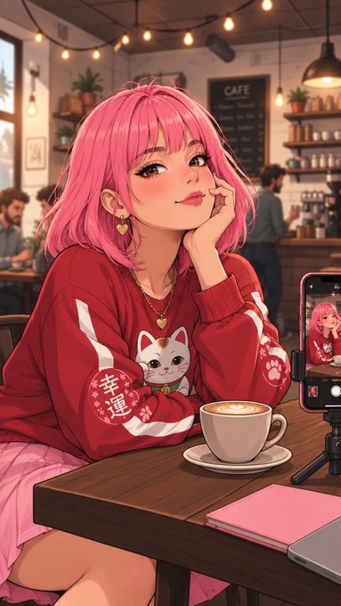 An anime-style illustration of a pink-haired girl in a red sweater featuring a cat and Chinese characters, sitting at a cafe with a latte while being live-streamed on a phone.