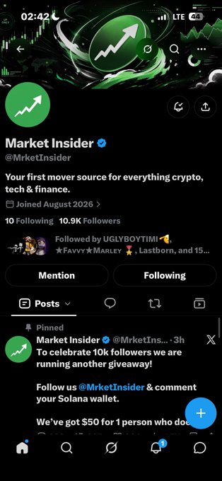 Screenshot of a Twitter/X profile for 'Market Insider' (@MrketInsider), a crypto and tech account with 10.9K followers, showing a pinned post announcing a giveaway to celebrate 10k followers.