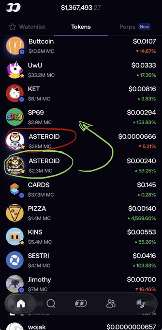 A screenshot of a crypto token tracking app showing a list of meme coins, with "ASTEROID" appearing twice (at $0.00000666 and $0.00240) circled in orange and green to highlight them, alongside other tokens like Buttcoin, UwU, KET, SP69, CARDS, PIZZA, KINS, SESTRI, and Timothy. The post explains that $ASTEROID is the official mascot of the $SPCX ecosystem, rewarding holders with tokenized $SPCXB, with the image illustrating the token's listing and recent performance.